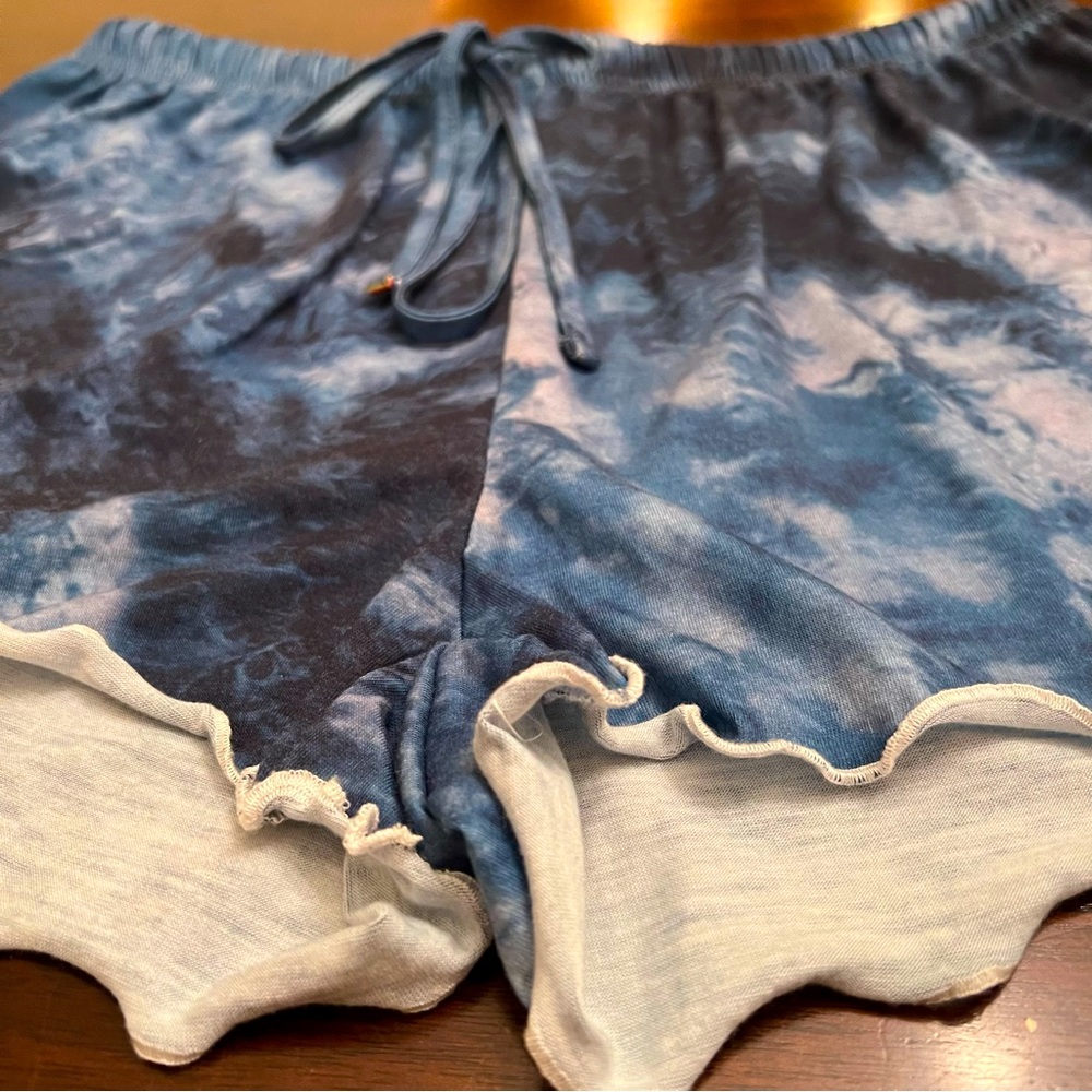 Ekouaer Blue Tie Dye Marbled Print Lightweight Drawstring Sweat Shorts - Picture 2 of 7